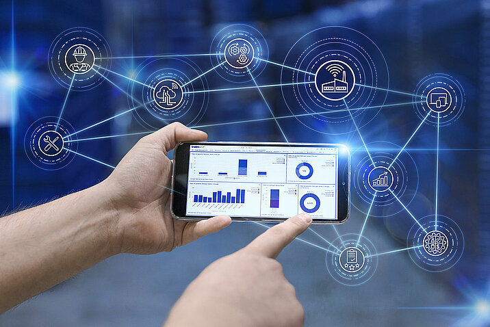 A cellphone with a dashboard from Leadec.os with light effects. 